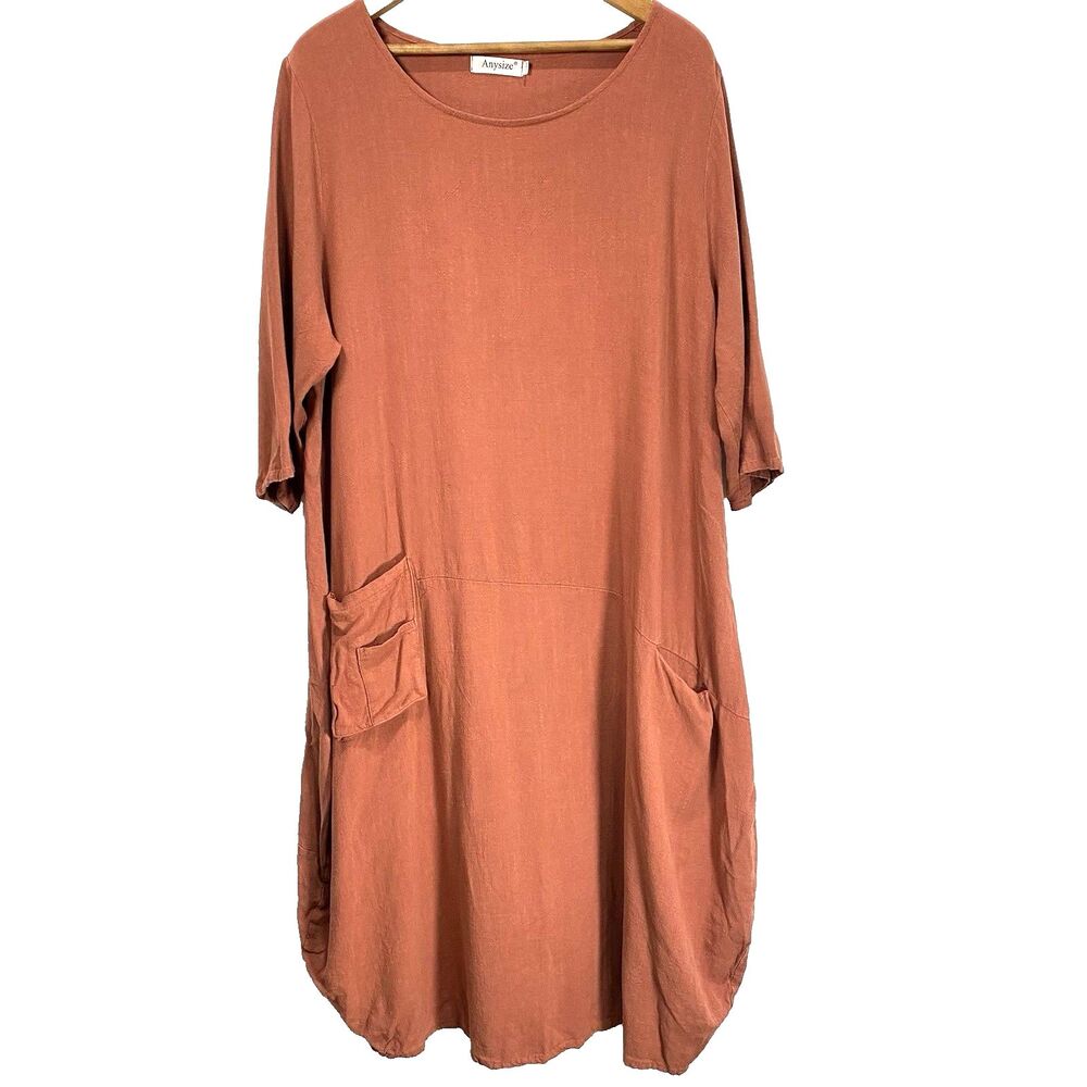 Anysize Linen Cotton Lantern Dress Womens 120 4-6 Midi Scoop Neck Pockets Rust